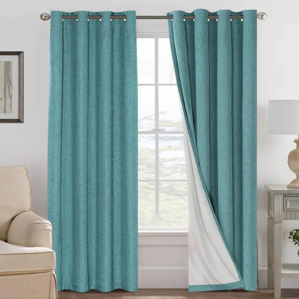 H.VERSAILTEX Linen Blackout Curtains 84 Inches Long 100% Absolutely Blackout Thermal Insulated Textured Linen Look Curtain Draperies Anti-Rust Grommet, Energy Saving with White Liner, 2 Panels, Teal