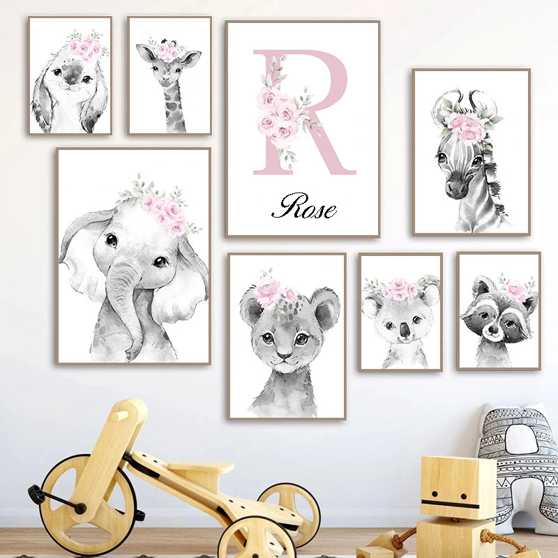 Pink Floral Alphabet Animal Canvas Hanging Picture Decorative Painting Core