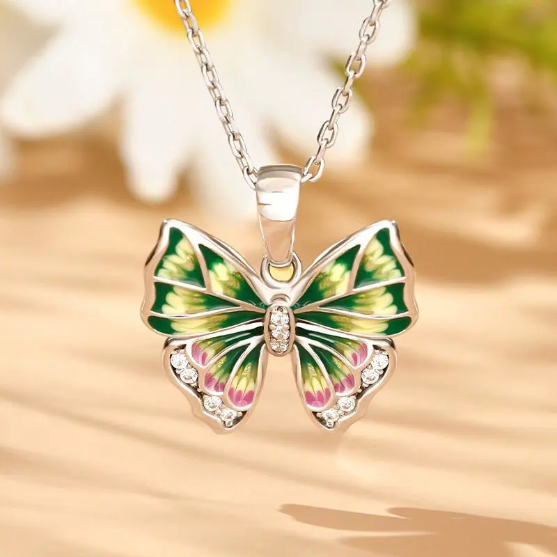 Colorful Butterfly Drop Oil Slightly Inlaid With White Stone Necklace