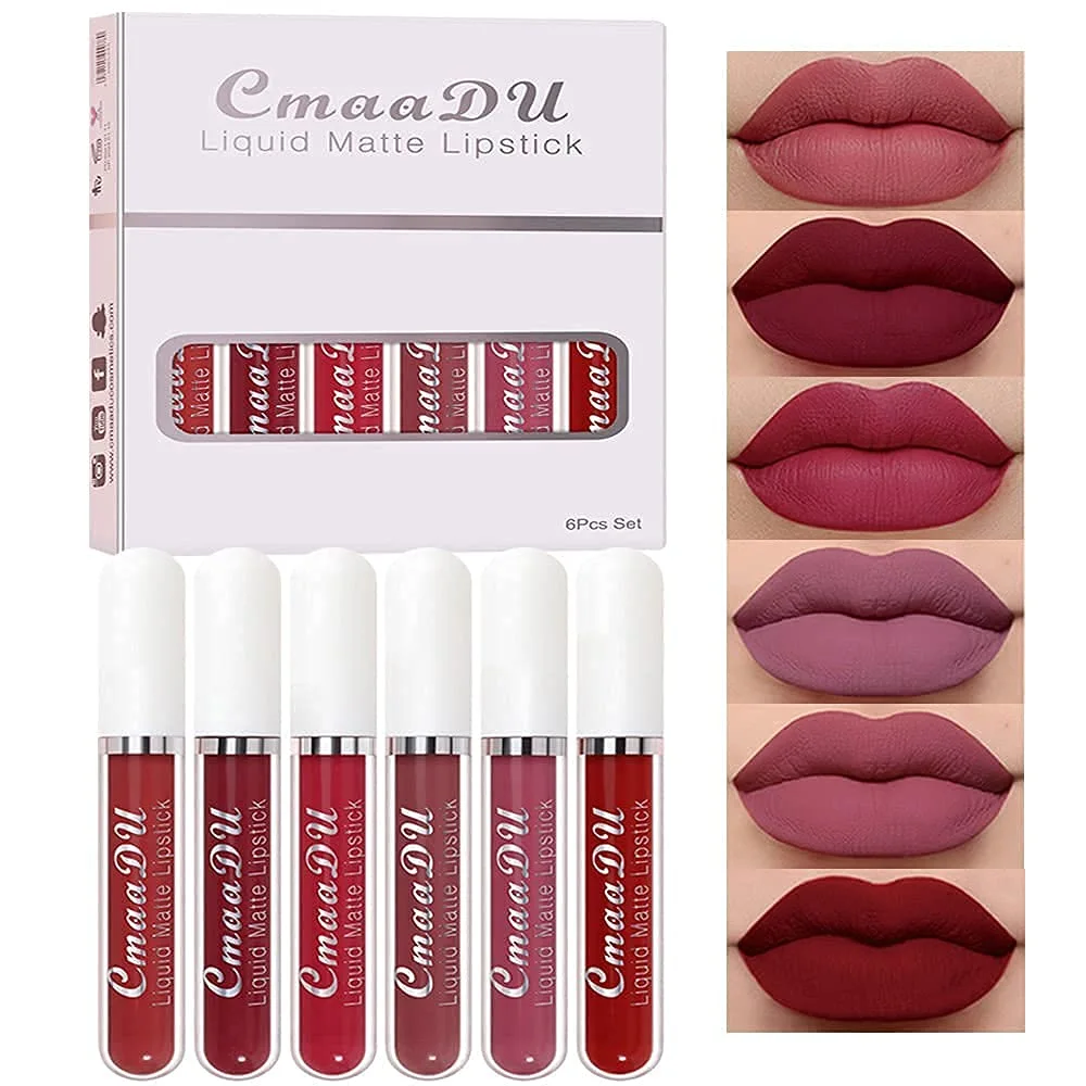 evpct CmaaDu 6Pcs Lipstick Matte Liquid Lipstick Lipgloss Set for Women, Dark Plum Wine Rose Mauve Red Nude Pink labiales mate 24 horas originales matte larga duracion 24 Hour Lipstick A-02