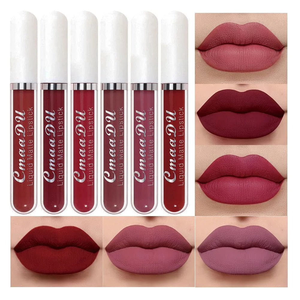 evpct CmaaDu 6Pcs Lipstick Matte Liquid Lipstick Lipgloss Set for Women, Dark Plum Wine Rose Mauve Red Nude Pink labiales mate 24 horas originales matte larga duracion 24 Hour Lipstick A-02