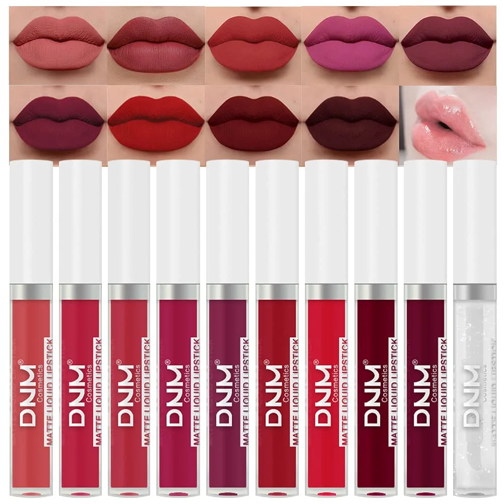 evpct DNM 9Pcs Deep Red Black Matte Liquid Lipsticks + 1Pcs Clear Lip Plumping Plumper Gloss Makeup Set Long Lasting Lipstick 24 hour Waterproof labiales matte mate larga duracion 24 horas originales