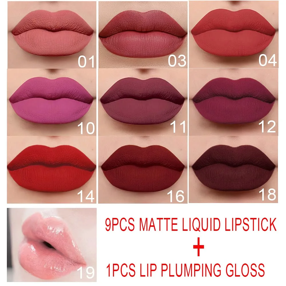 evpct DNM 9Pcs Deep Red Black Matte Liquid Lipsticks + 1Pcs Clear Lip Plumping Plumper Gloss Makeup Set Long Lasting Lipstick 24 hour Waterproof labiales matte mate larga duracion 24 horas originales