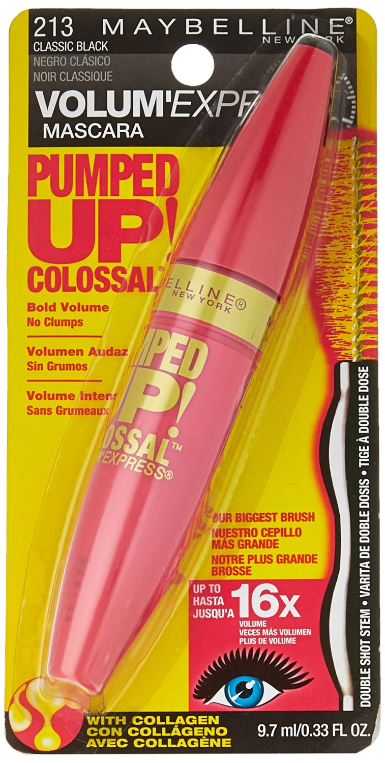 Maybelline Volum' Express Pumped Up Colossal Mascara, Washable Formula Infused with Collagen for Up To 16x Lash Volume, Classic Black, 1 Count