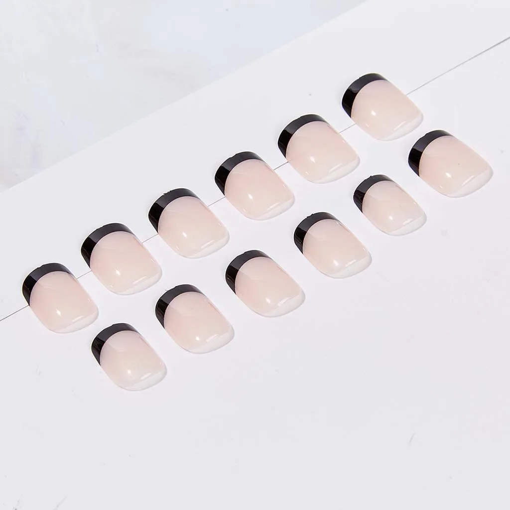 RikView Acrylic Press on Nails French Tip Nails Oval Glossy Fake/ False Nails with Design Full Cover (Black)