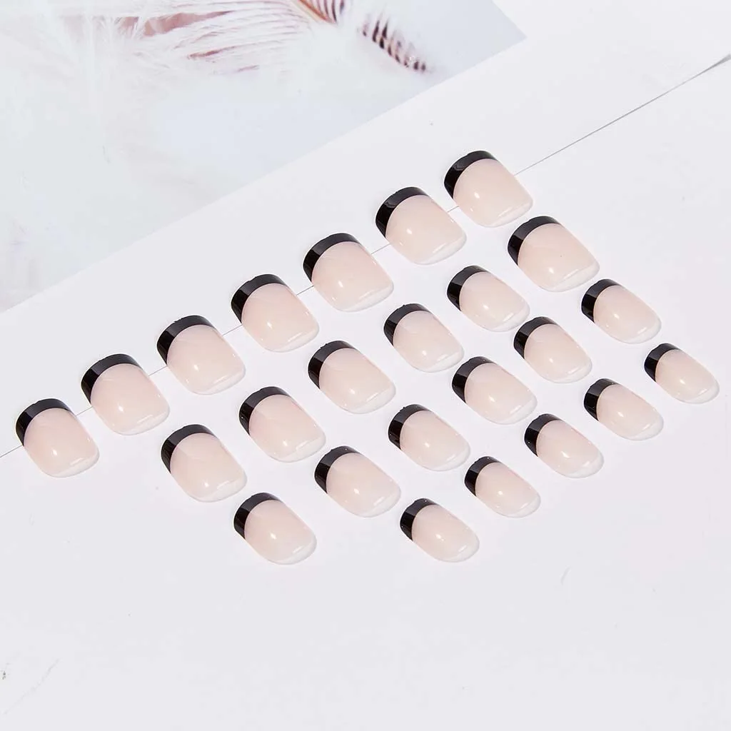 RikView Acrylic Press on Nails French Tip Nails Oval Glossy Fake/ False Nails with Design Full Cover (Black)