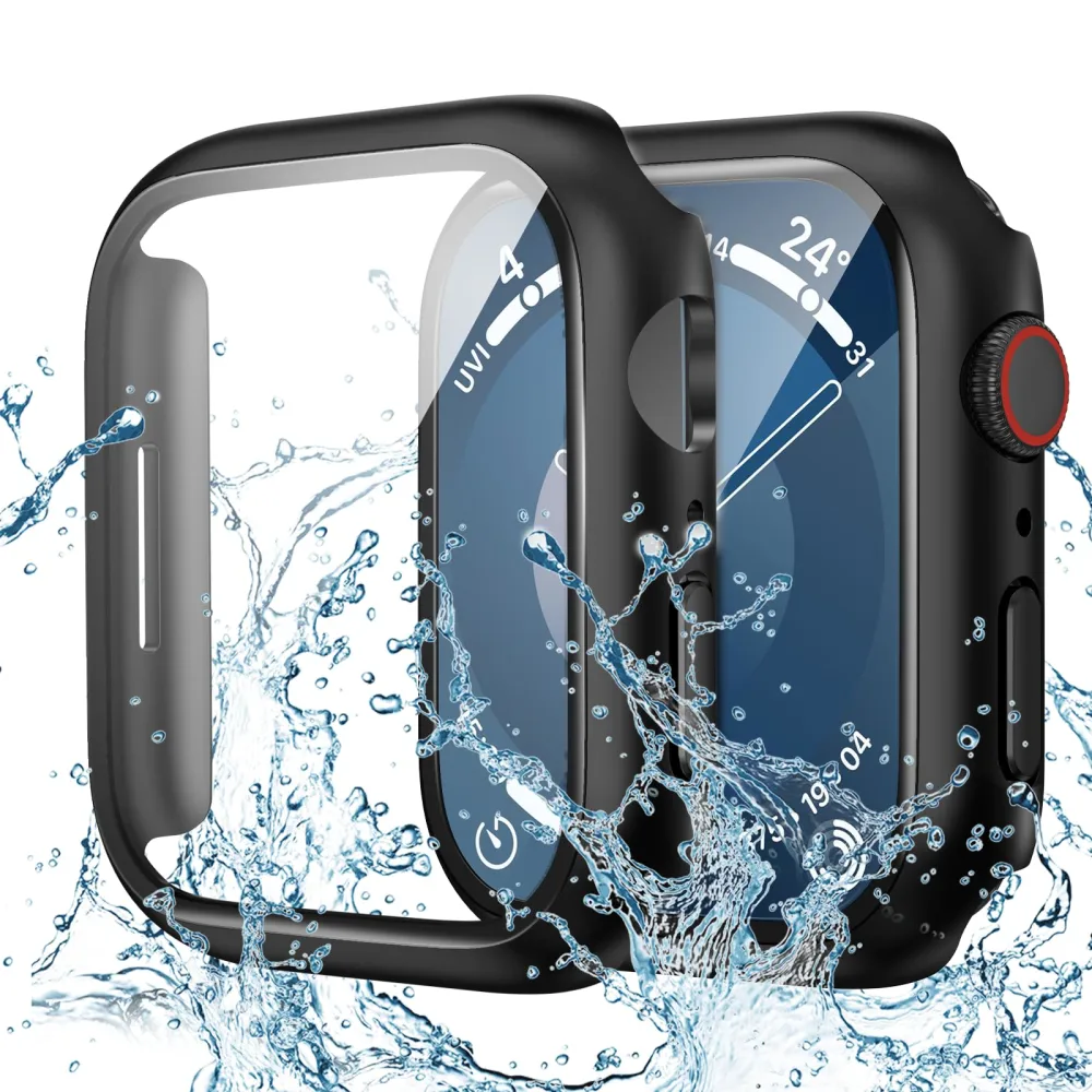 Goton Waterproof Case for Apple Watch 41mm Series 9 8 7 with Tempered Glass Screen Protector, iWatch Full Protective Hard PC Bumper Case Face Cover Designed for Men Women 41 mm Black