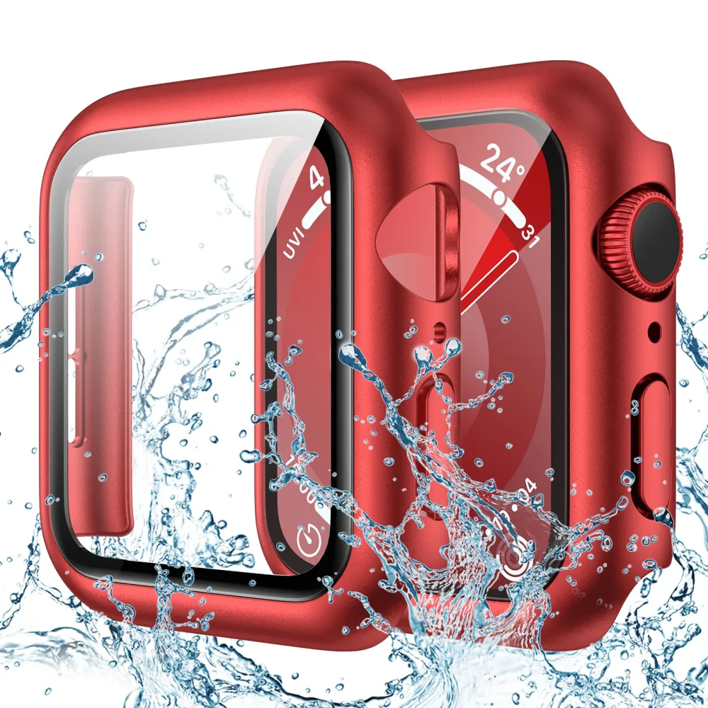 Goton Waterproof Case for Apple Watch 41mm Series 9 8 7 with Tempered Glass Screen Protector, iWatch Full Protective Hard PC Bumper Case Face Cover Designed for Men Women 41 mm Red