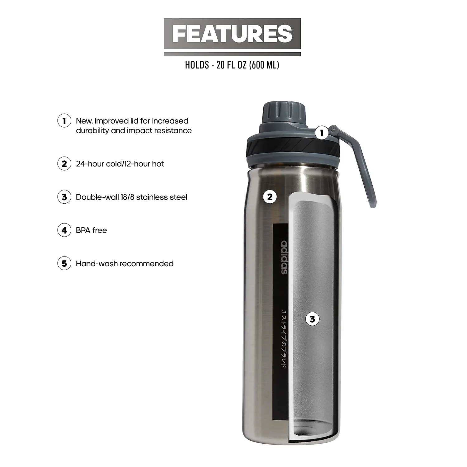 adidas 600 ML (20 oz) Metal Water Bottle, Hot/Cold Double-Walled Insulated 18/8 Stainless Steel, Stainless Steel/Onix Grey/Black, One Size