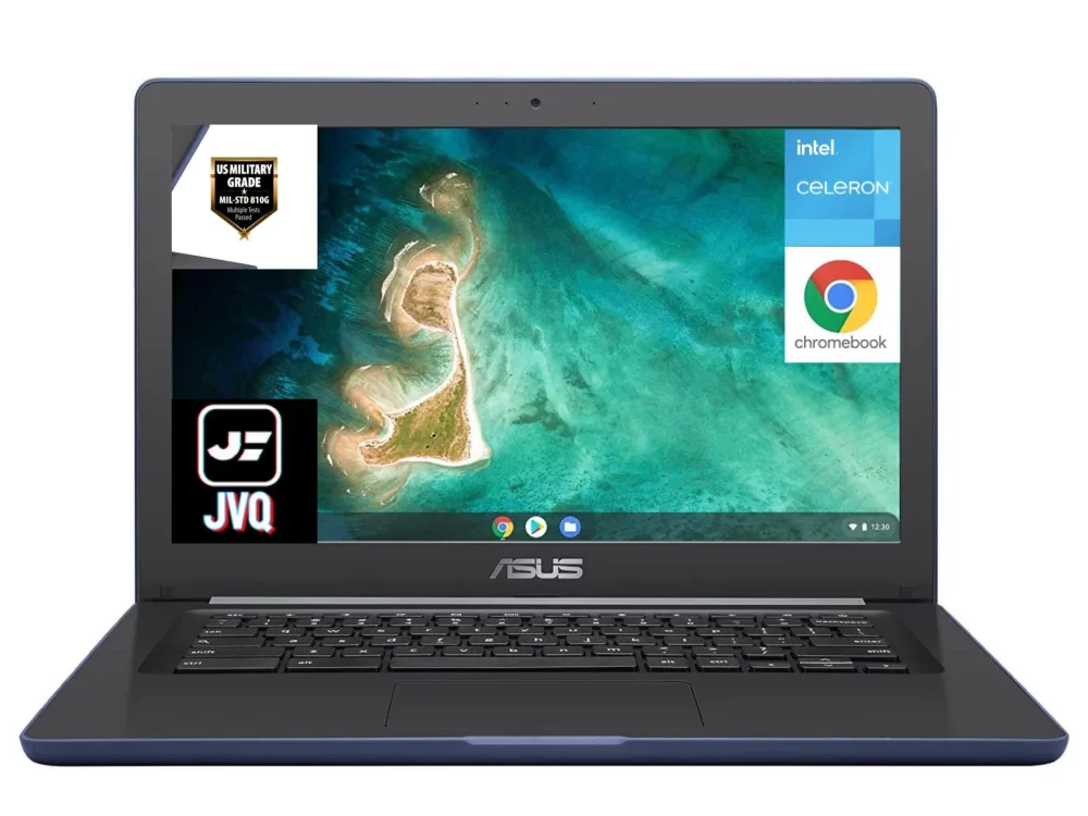 Newest ASUS 14" Rugged & Spill Resistant Chromebook, Education Edition, Military-STD Durability, Intel N3350, 64G Space(32G eMMC+32G Card), 4G RAM, WiFi, Bluetooth, Webcam, DarkBlue, Chrome OS, JVQ MP