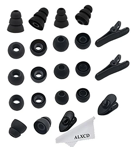 ALXCD Replacement Ear Tips & Clips for in-Ear Earphone, S/M/L Sizes & Double/Triple Flange 9 Pairs Silicone Replacement Earbud Tips Eartips Adapter & 4 Pcs Long/Short Earphone Wire Clip (Black 18+4)