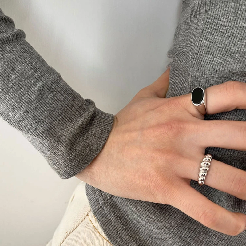 Sterling Silver Black Agate Cold Wind Gem Ring