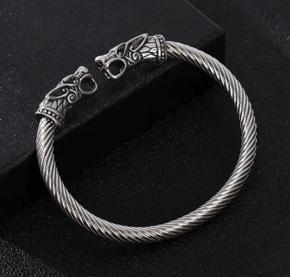 Asgard Crafted Grey Wolf 's Head Torc Bracelet