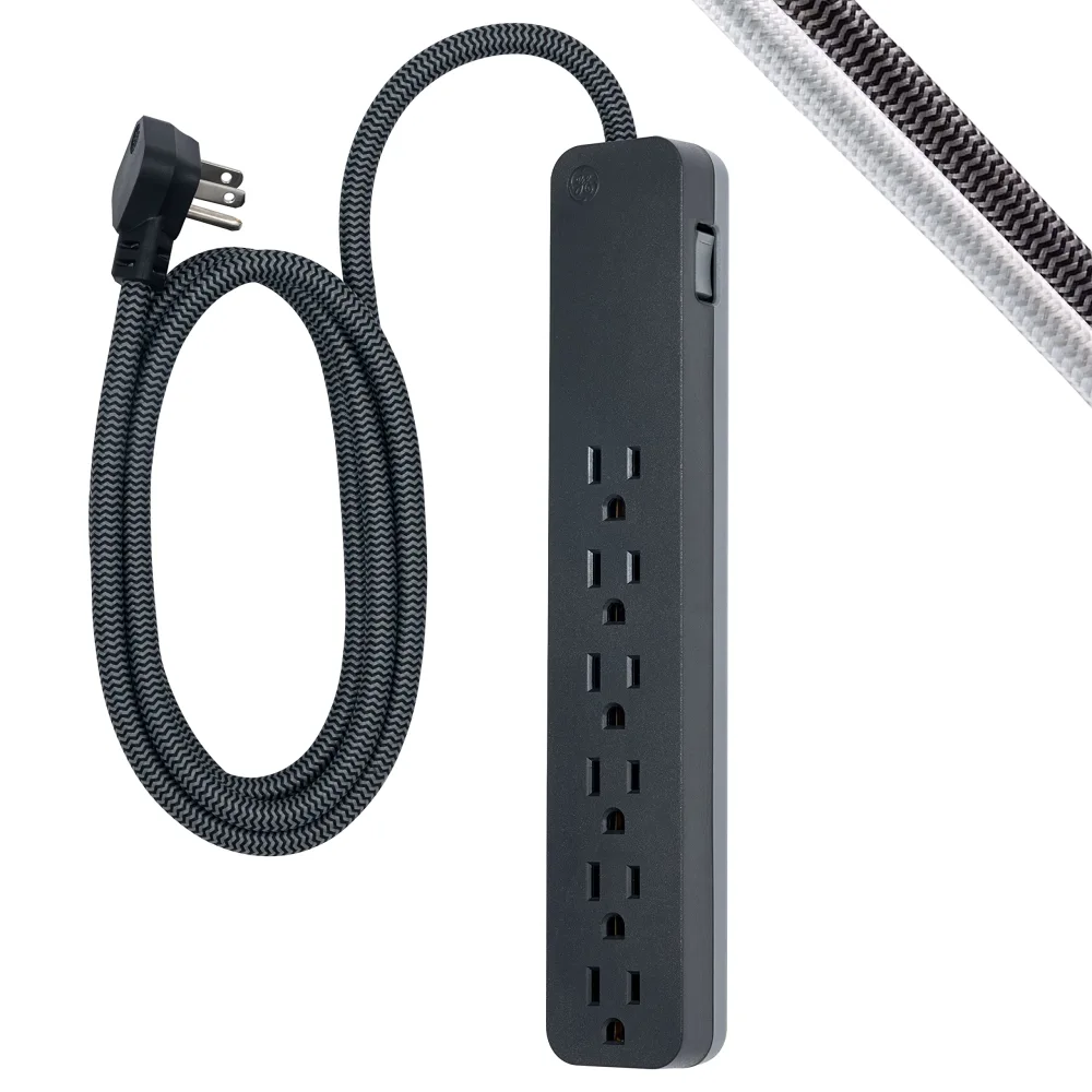 GE home electrical GE UltraPro 6-Outlet Surge Protector, 6 Ft Designer Braided Extension Cord, 560 Joules, Flat Plug, Wall Mount, UL Listed, Black, 45271