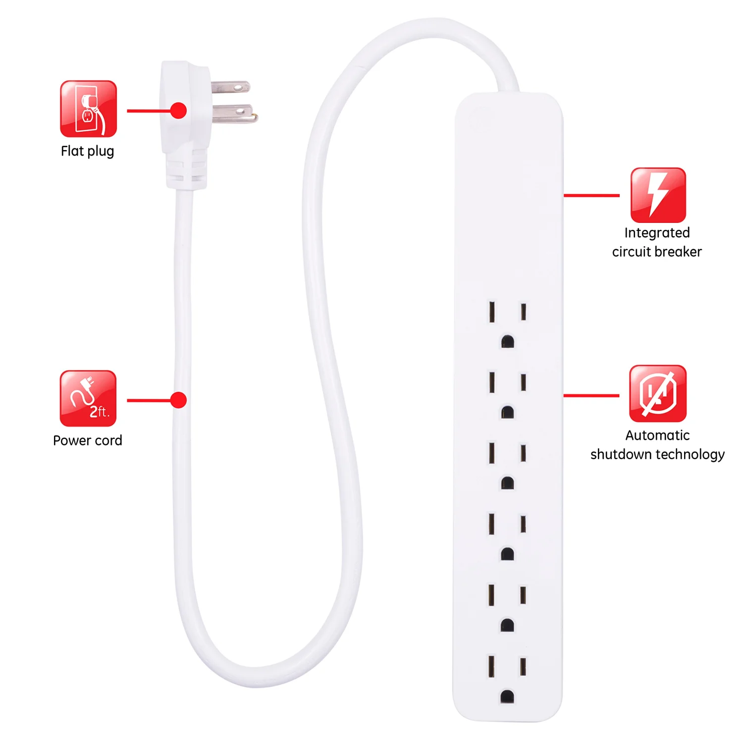 GE Pro 6-Outlet Surge Protector 2 Pack, 2 Ft Extension Cord, 620 Joules, Power Strip, Flat Plug, Integrated Circuit Breaker, Wall Mount, UL Listed, White, 46867