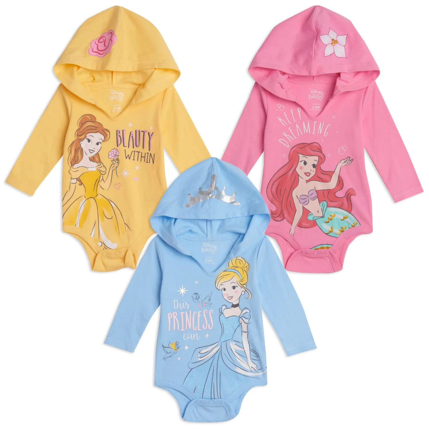 Disney Princess Ariel Cinderella Princess Belle Baby Girls Cuddly Bodysuits Newborn to Infant