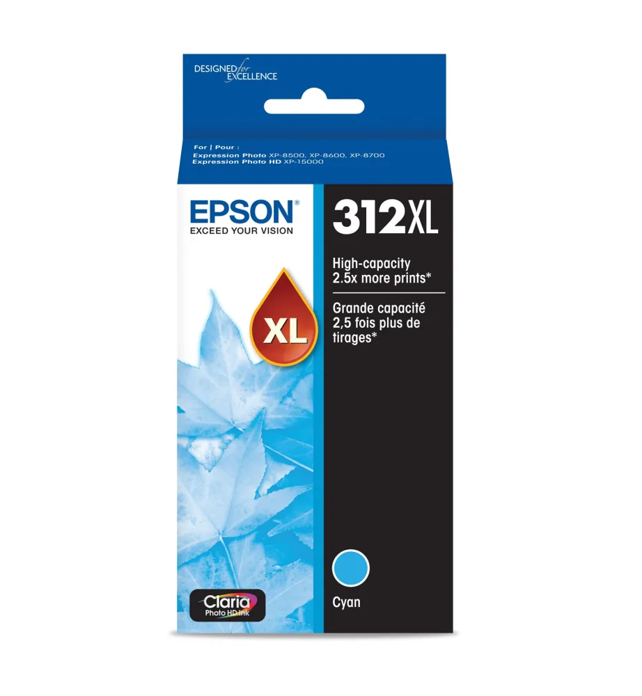 EPSON 312 Claria Photo HD Ink High Capacity Cyan Cartridge (T312XL220-S) Works with Expression Photo XP-8500, XP-8600, XP-8700, XP-15000