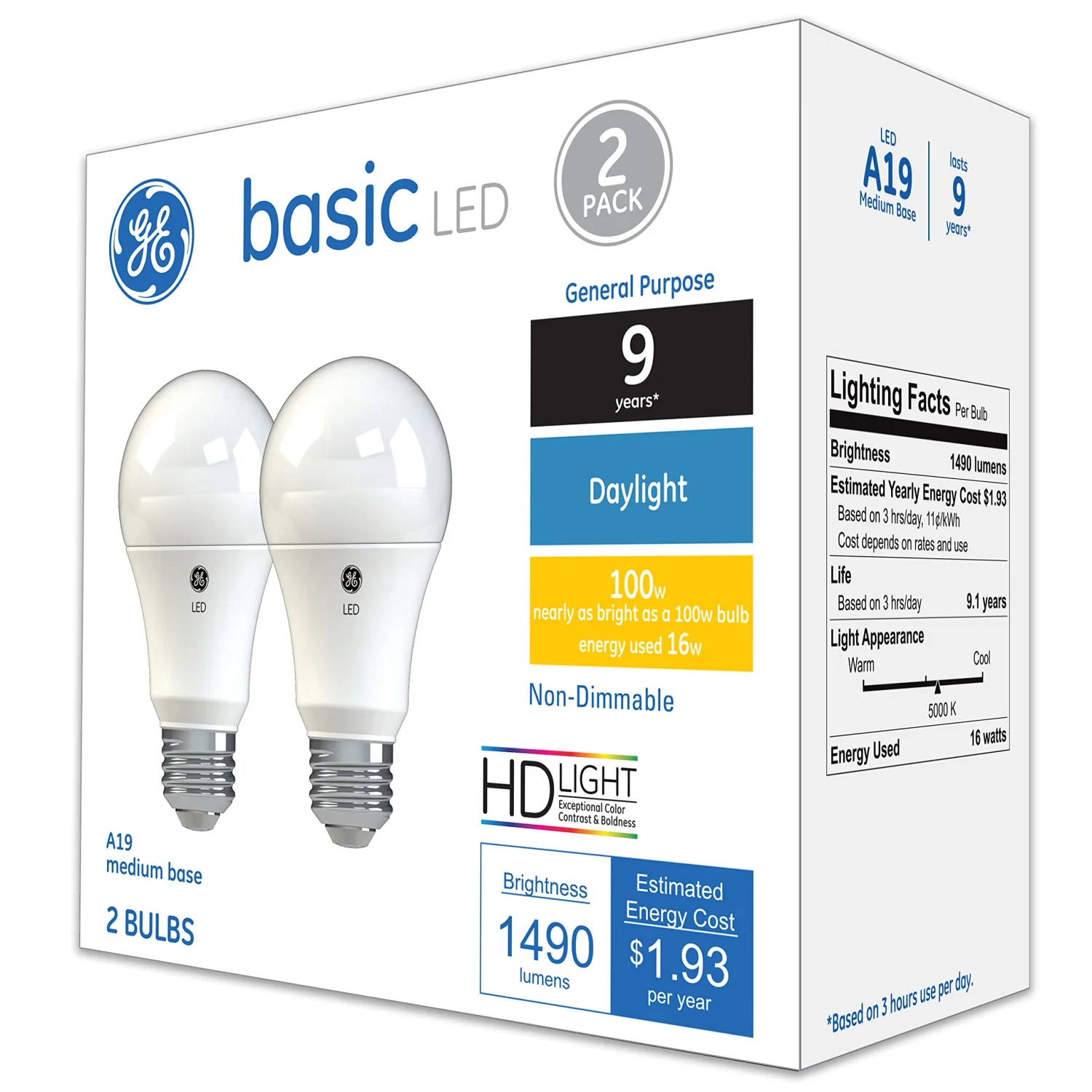 GE Basic LED Light Bulbs, 100 Watt Eqv, Daylight, A19 Standard Bulbs (2 Pack)
