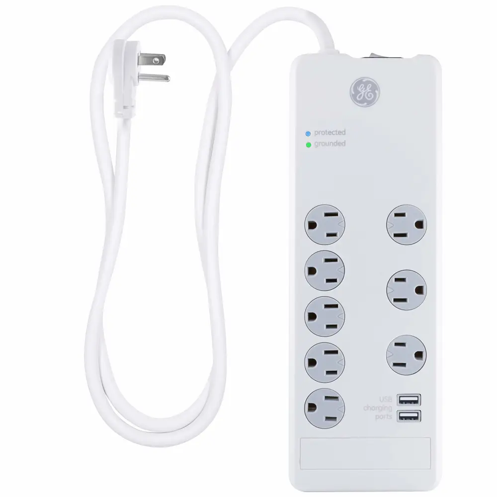 GE Pro 7-Outlet Surge Protector, 2 USB Ports, 4 Ft Power Cord, 2100 Joules, 3 Adapter Spaced Outlets, Flat Plug, Twist to Close Safety Covers, Power Filter, Circuit Breaker, UL Listed, White, 14049