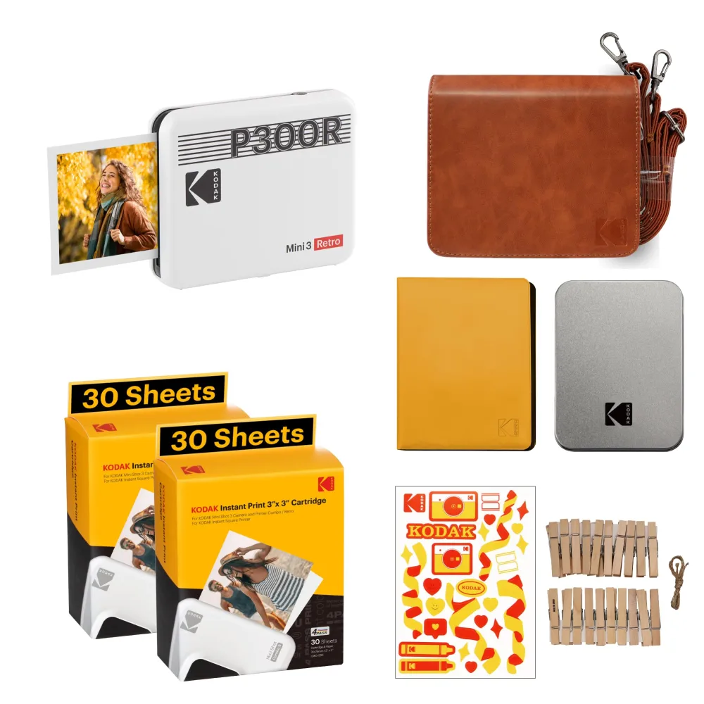 KODAK Mini 3 Retro 4PASS Portable Photo Printer (3x3 inches) + 68 Sheets Bundle, White