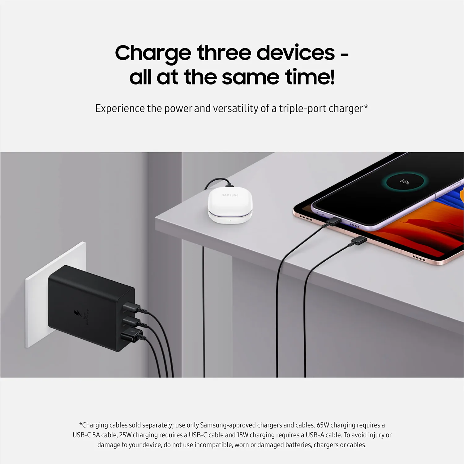 SAMSUNG 3-Port Super Fast Charging Wall Charger, 1x USB-C 65W, 1x USB-C 25W, 1x USB-A 15W, Max capacity 65W (Cable not included), Black, US version