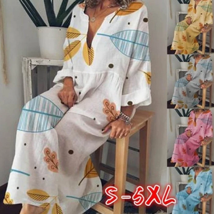 Bohemian V-neck Printed Loose Long-sleeved Dress