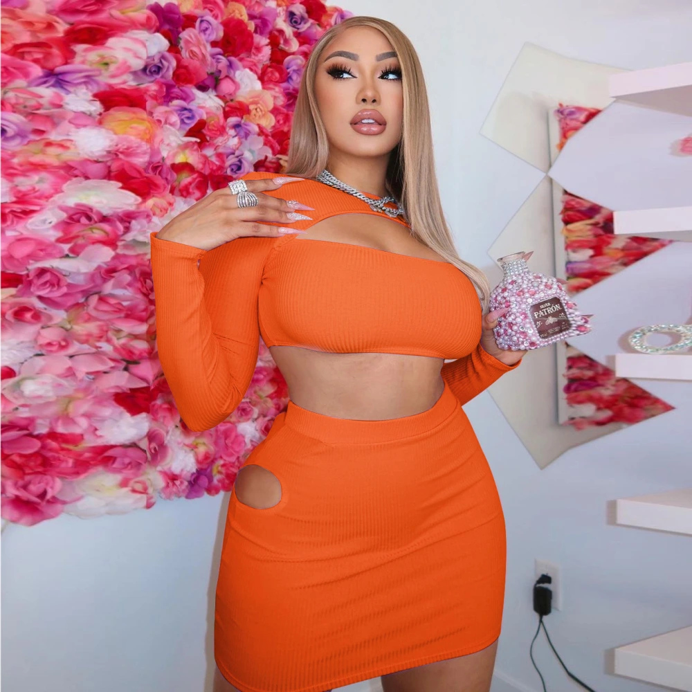 Women's Cutout Tight Skirt Long Sleeve T Suit