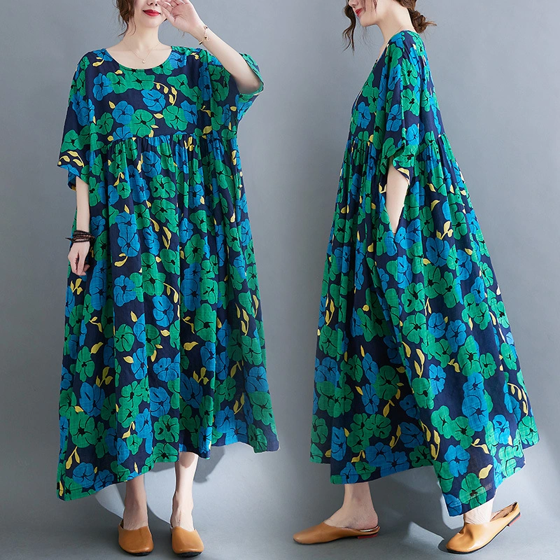 Plump Girls Plus Size Loose-fitting Pullover Round-neck Short Sleeve Flower Dress For Women