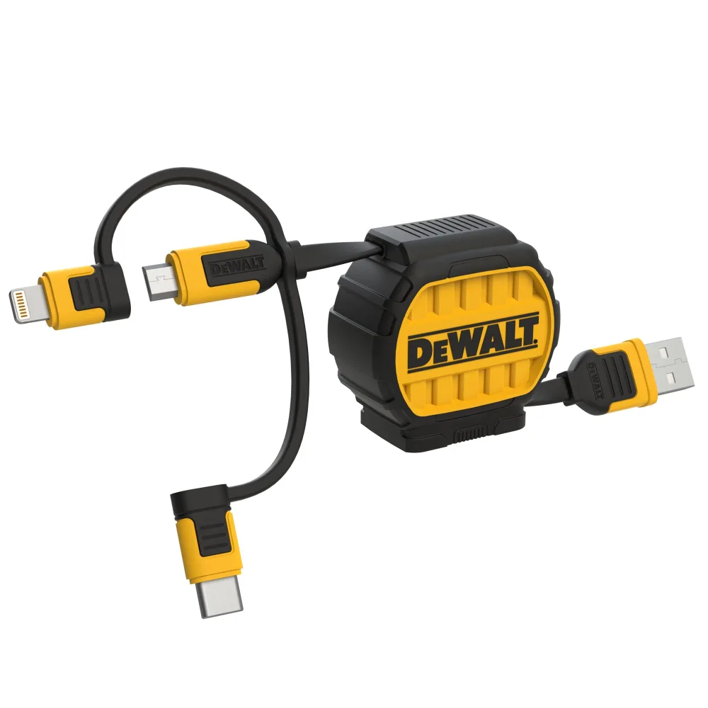 DEWALT 3 in 1 Retractable Multi Charging Cord, 3ft Fast Charger Cord, Multi Charger Adapter with Lightning/Type C/Micro USB Port for iPhones/Samsung Galaxy/PS/Tablets/More