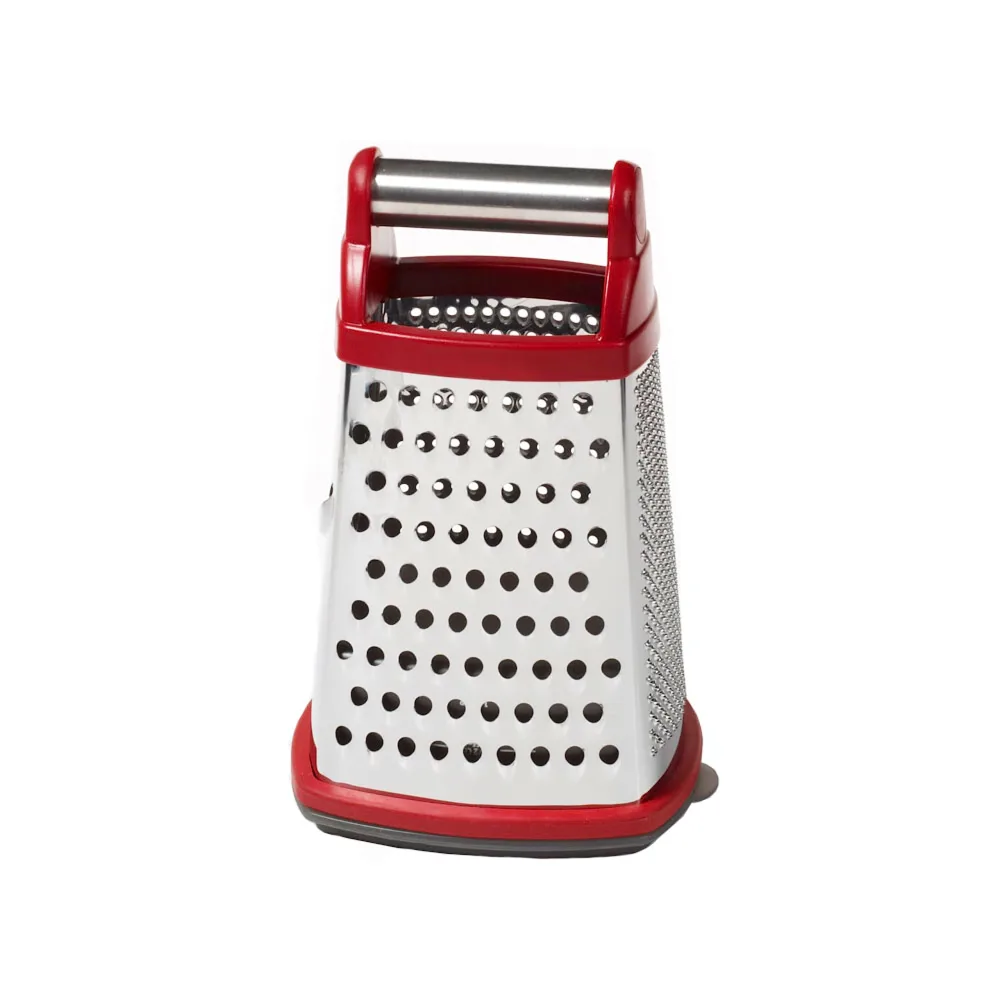 KitchenAid Gourmet 4-Sided Stainless Steel Box Grater for Fine, Medium and Coarse Grate, and Slicing, Detachable 3 Cup Storage Container and Measurment Markings, Dishwasher Safe, 10 inch, Red