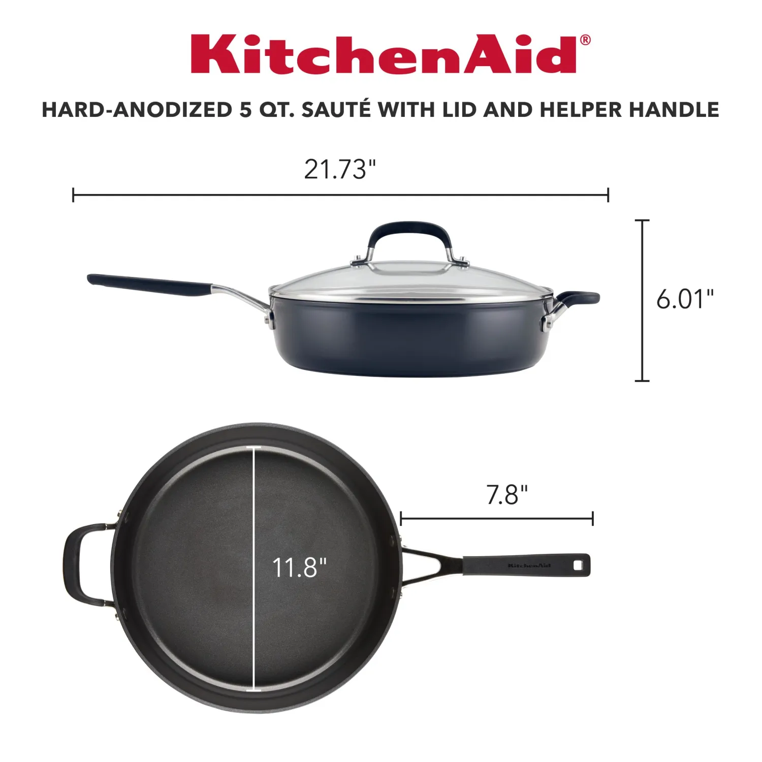 KitchenAid Hard Anodized Nonstick Saute Pan with Lid and Helper Handle, 5 Quart, Onyx Black