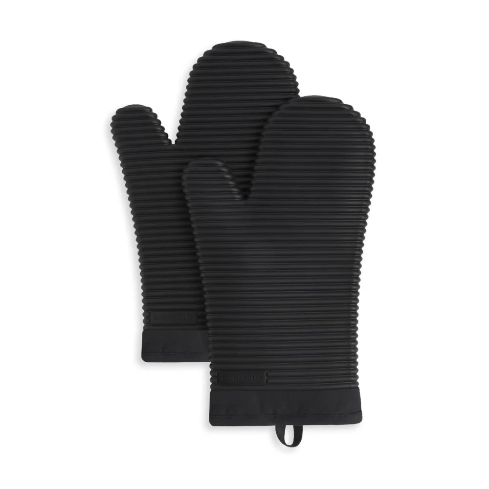 KitchenAid Ribbed Soft Silicone Oven Mitt Set, 7"x13", Onyx Black 2 Count