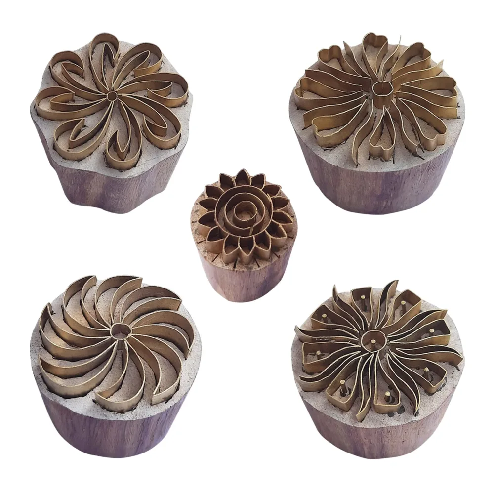 Royal Kraft Round Brass Wooden Stamps (Set of 5) for Block Printing on Clay, Pottery, Fabric BHtag0107