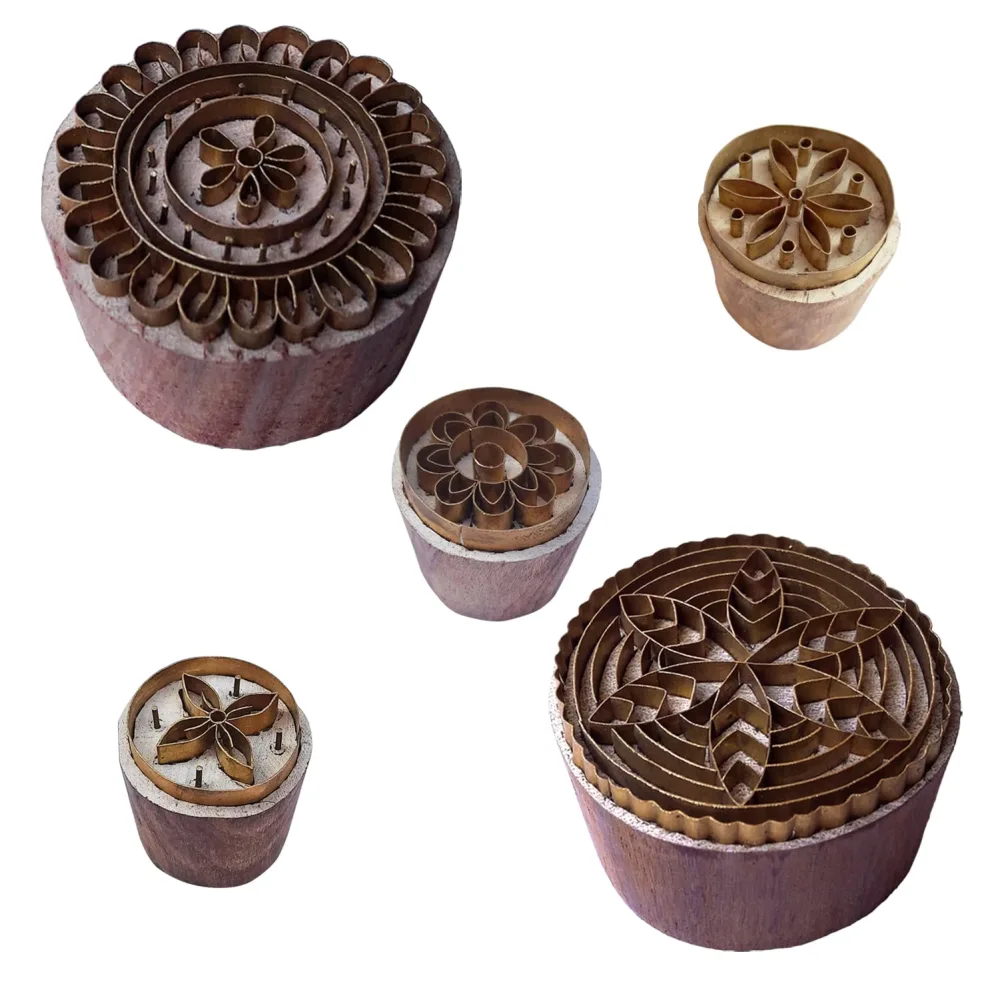 Royal Kraft Round Brass Wooden Stamps (Set of 5) for Block Printing on Clay, Pottery, Fabric BHtag0102