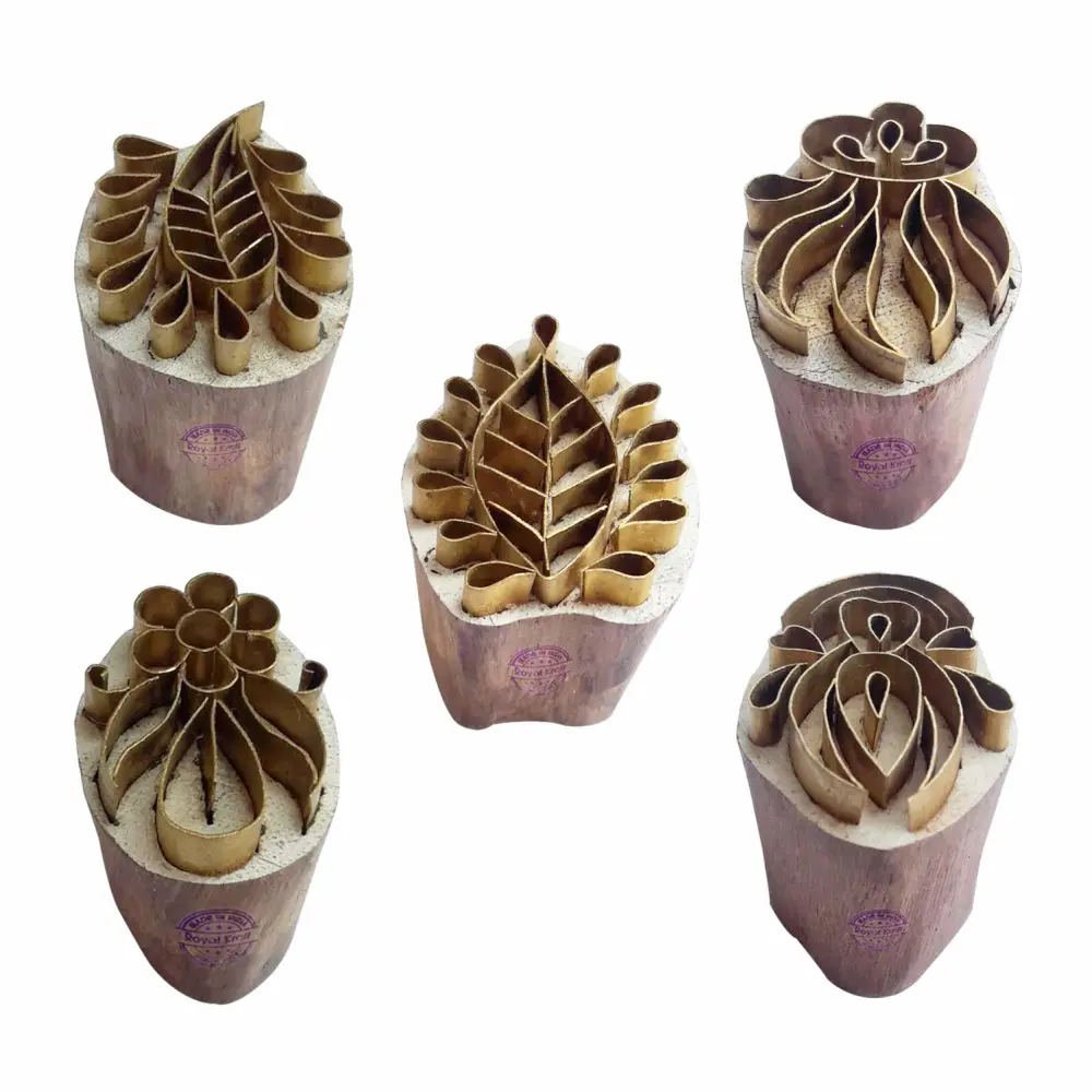 Royal Kraft Floral Brass Wooden Printing Stamps (Set of 5) - DIY Clay, Pottery Blocks BHtag0027