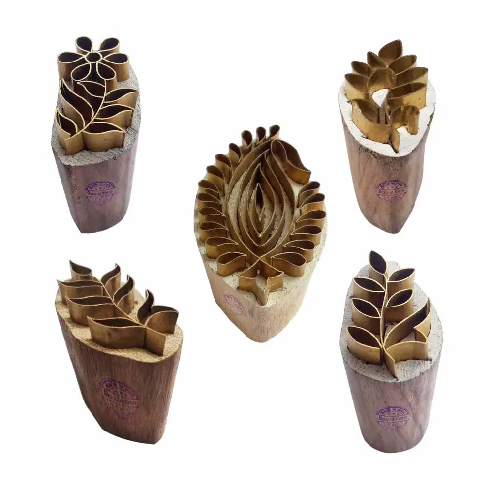 Royal Kraft Leaf Brass Wooden Printing Stamps (Set of 5) - DIY Clay, Pottery Blocks BHtag0029