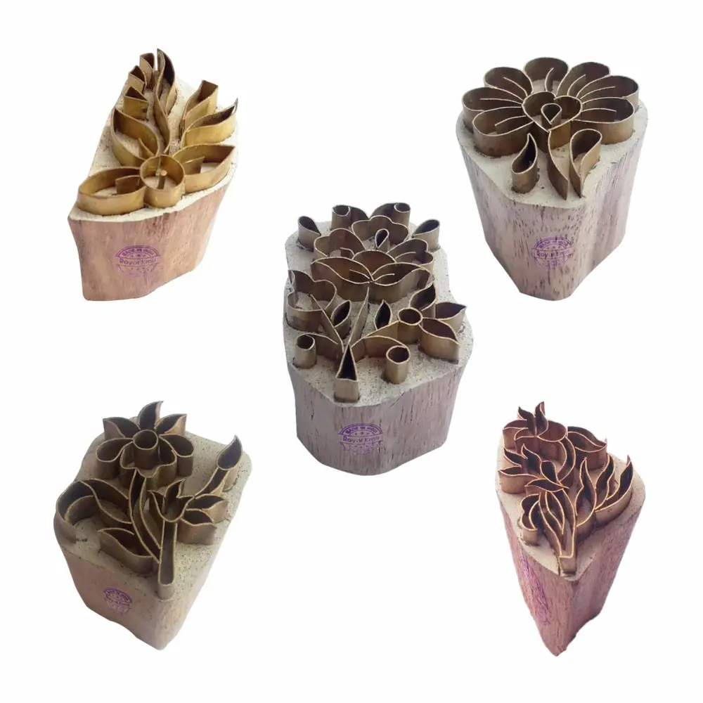 Royal Kraft Floral Brass Wooden Printing Stamps (Set of 5) - DIY Clay, Pottery Blocks BHtag0033