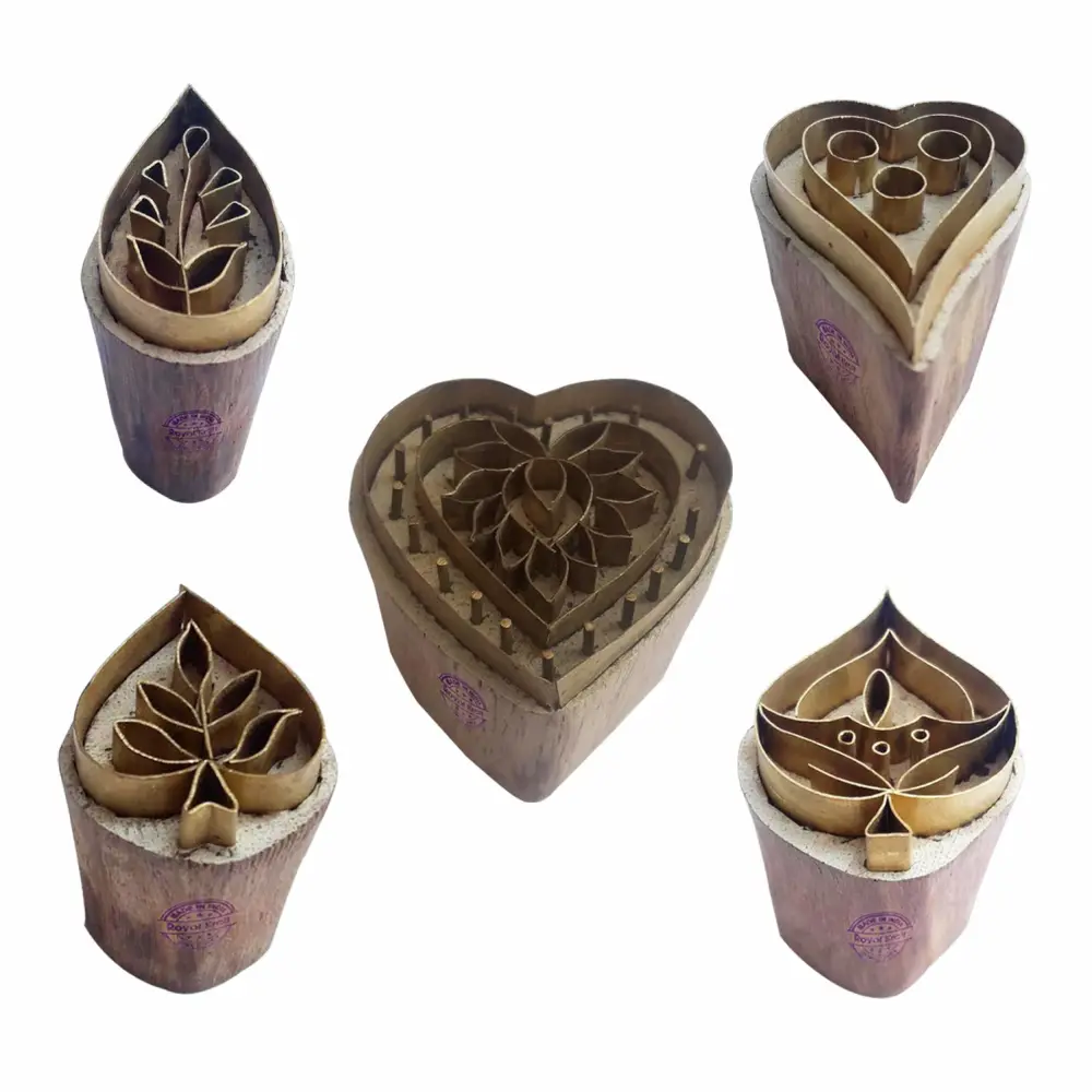 Royal Kraft Heart Brass Wooden Printing Stamps (Set of 5) - DIY Clay, Pottery Blocks BHtag0036