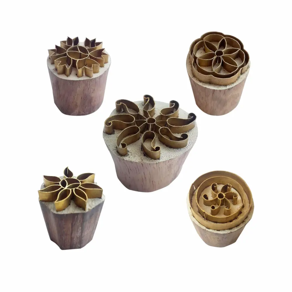 Royal Kraft Floral Brass Wooden Stamps (Set of 5) for Block Printing on Clay, Pottery, Fabric BHtag0042