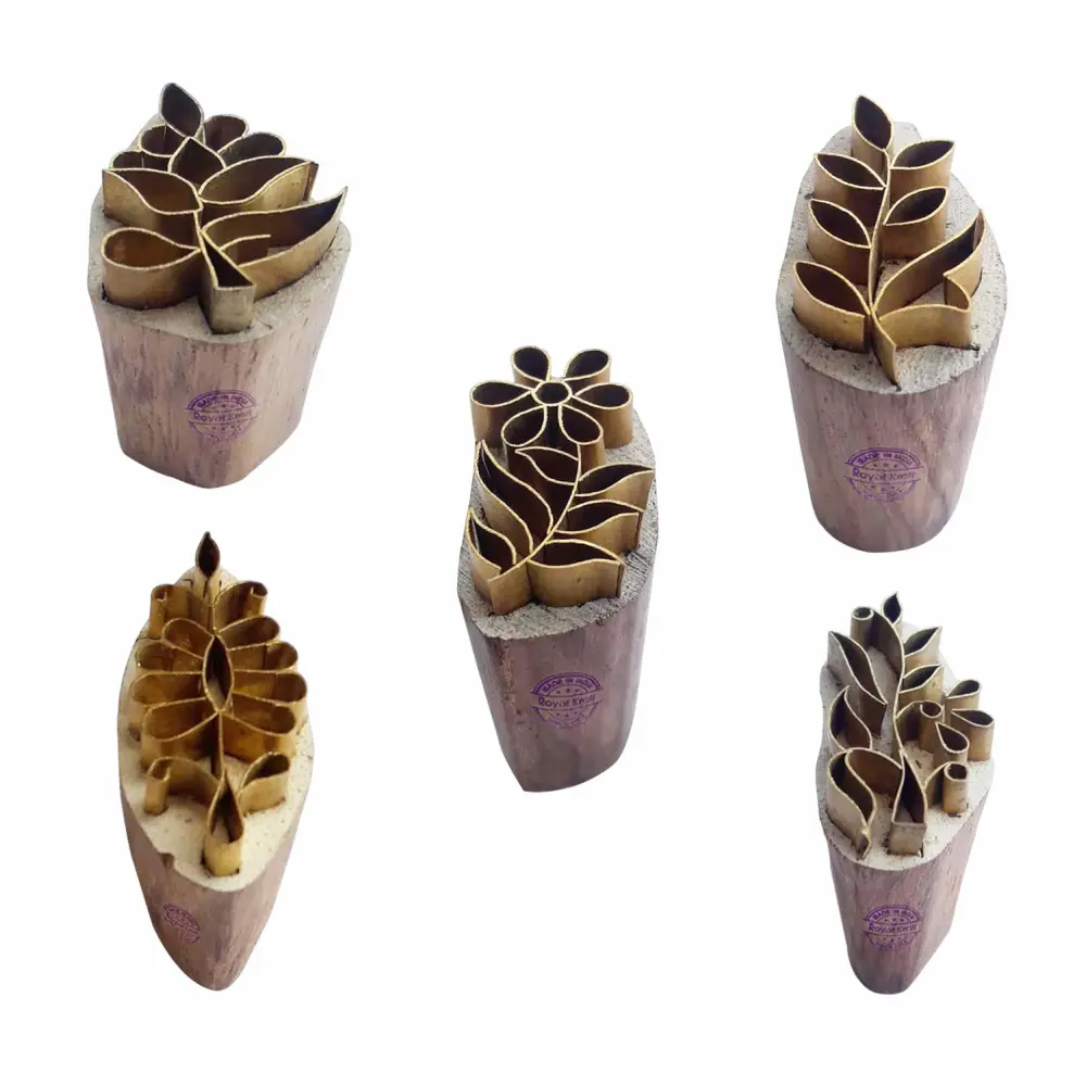 Royal Kraft Floral Brass Wooden Printing Stamps (Set of 5) - DIY Clay, Pottery Blocks BHtag0015