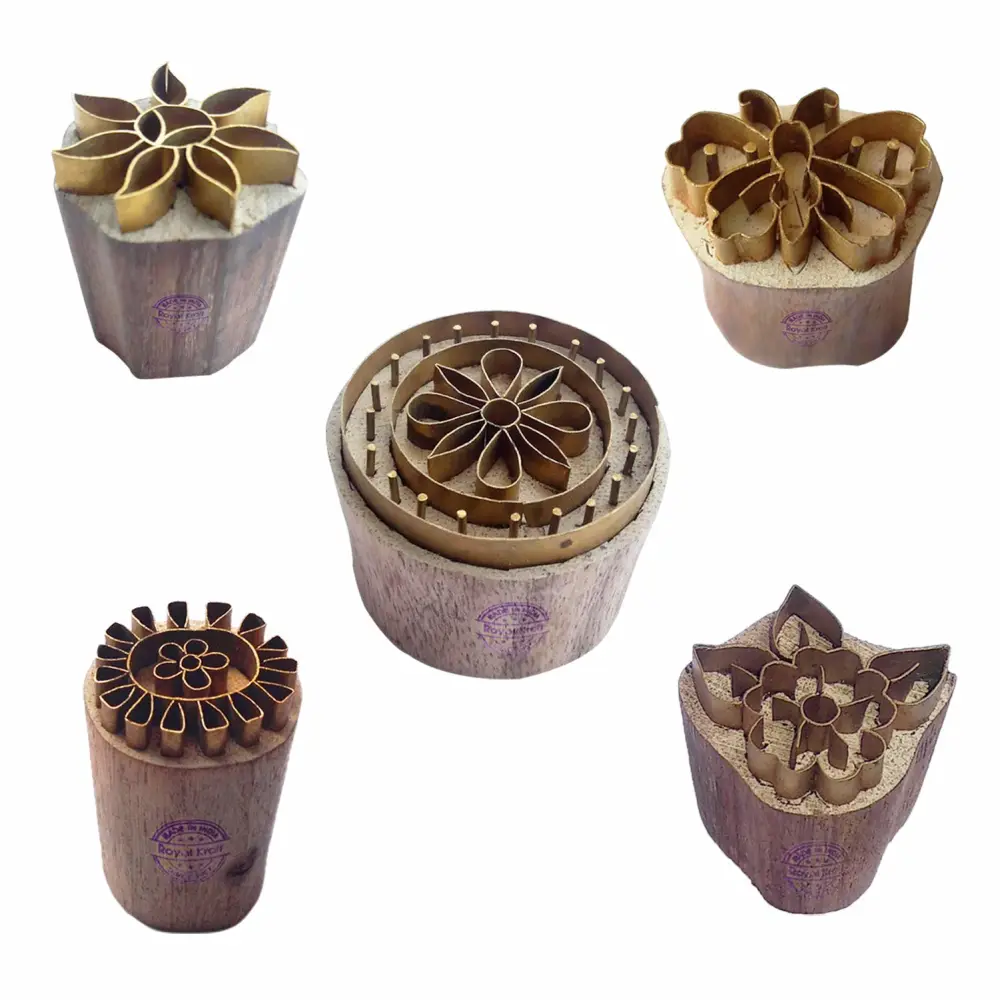 Royal Kraft Floral Brass Wooden Printing Stamps (Set of 5) - DIY Clay, Pottery Blocks BHtag0039