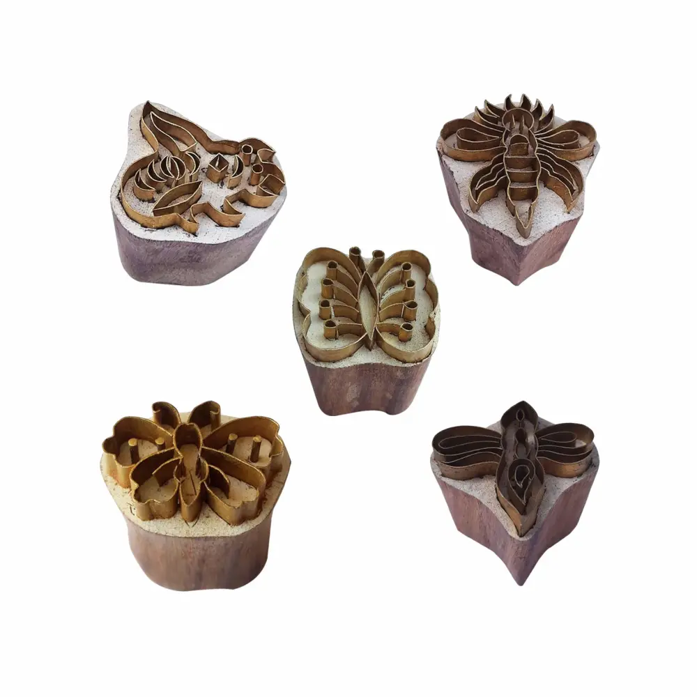 Royal Kraft Butterfly Brass Wooden Stamps (Set of 5) for Block Printing on Clay, Pottery, Fabric BHtag0046