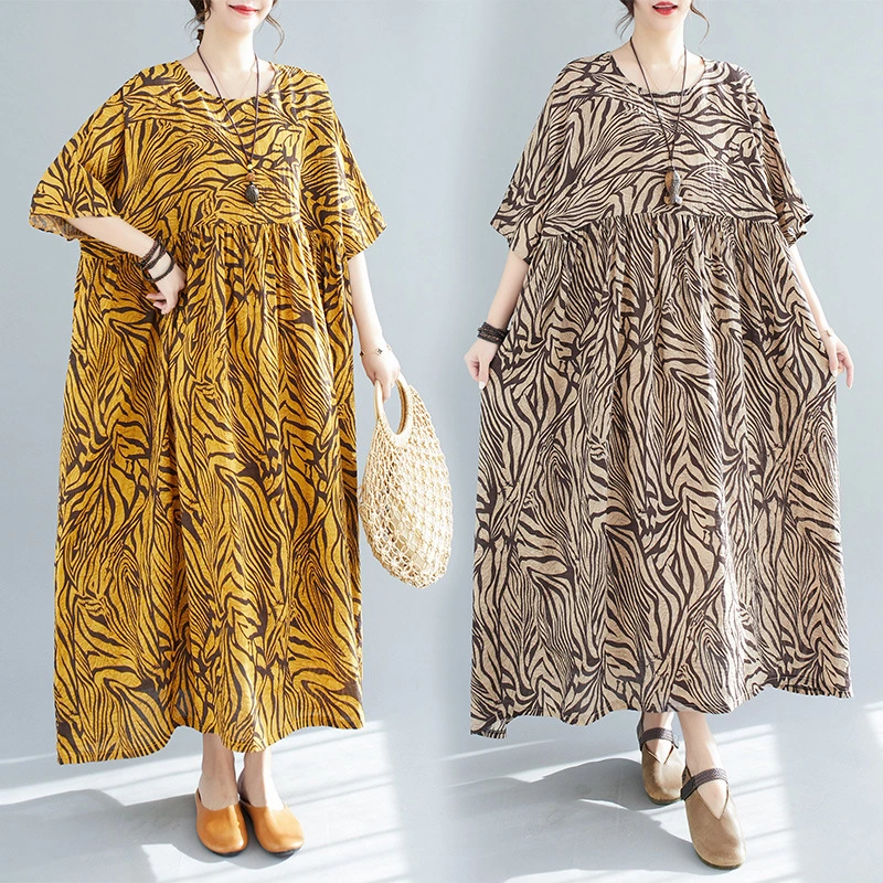 Artistic Oversized Loose-fitting Pattern Print Short Sleeve Swing Dress For Women