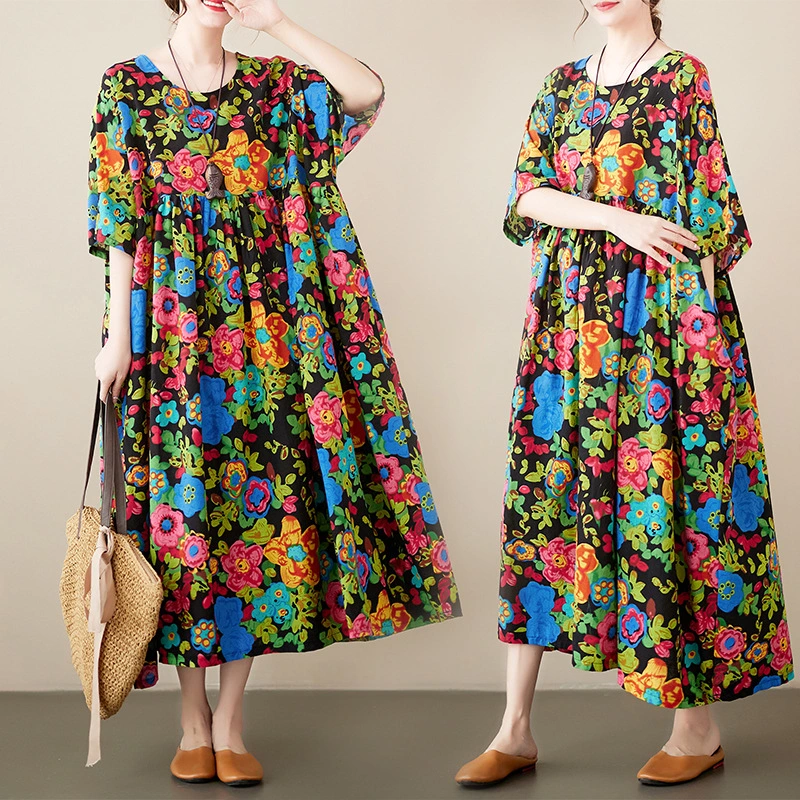 Summer New Loose Printed Round Neck Short Sleeve Women's Dress
