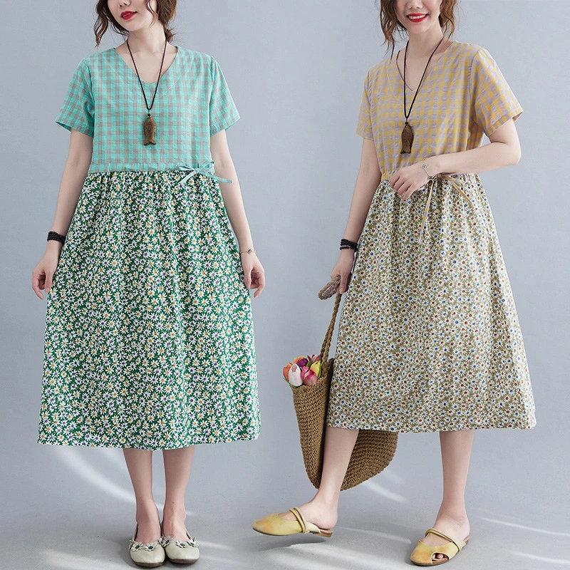 Literature And Art Loose Patchwork Cotton And Linen Printed Short Sleeve Dress For Women