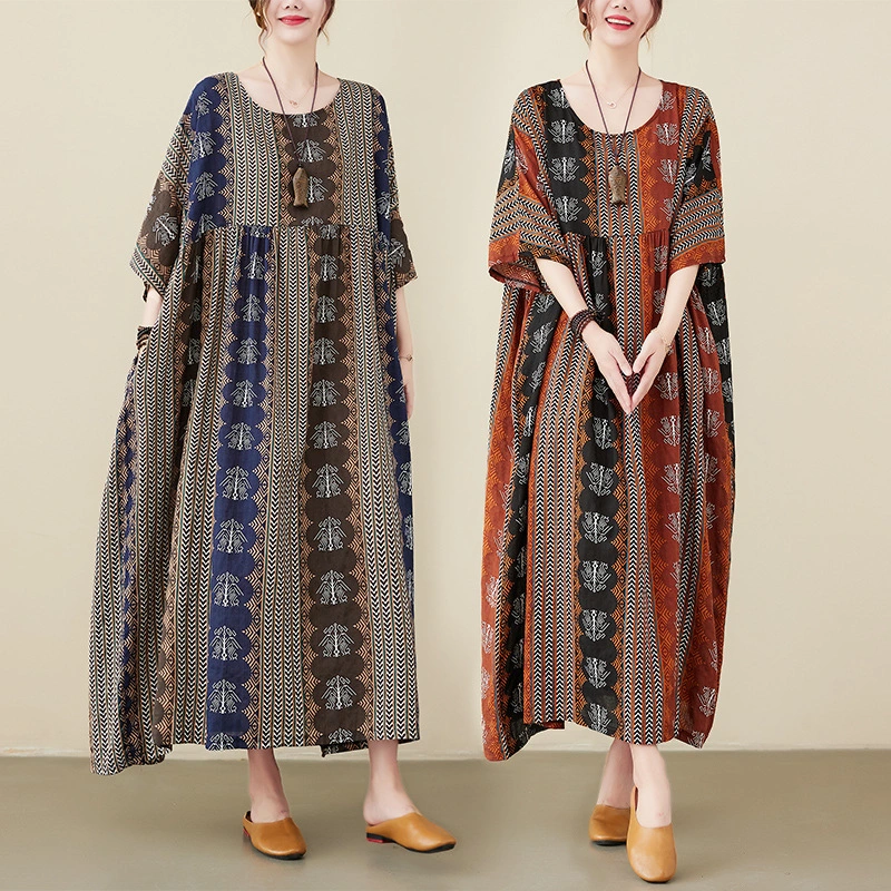 Retro Age Reducing Loose Thin Striped Short Sleeve Large Swing Dress For Women