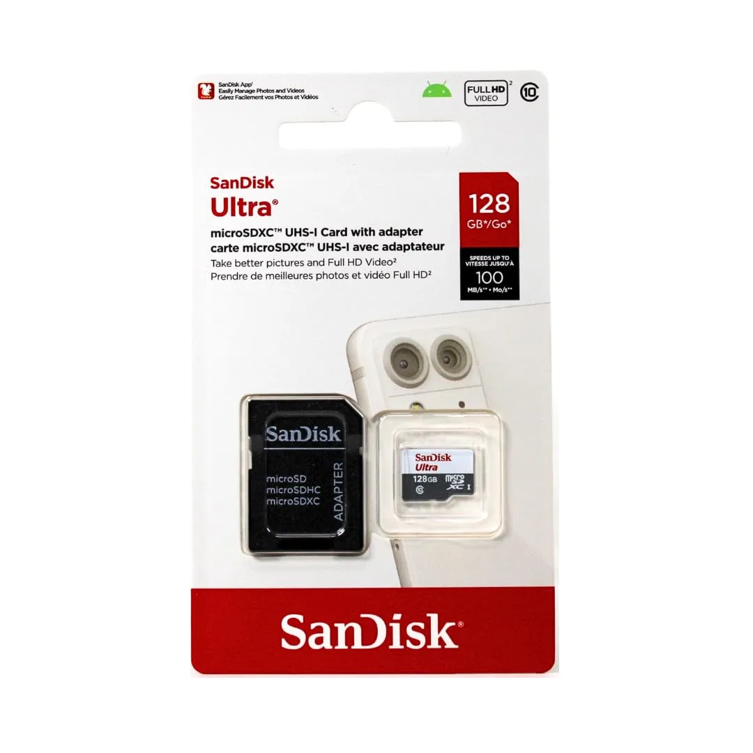 SanDisk Ultra 128GB UHS-I Class 10 MicroSDXC Memory Card Up to 80mb/s SDSQUNC-128G with Adapter