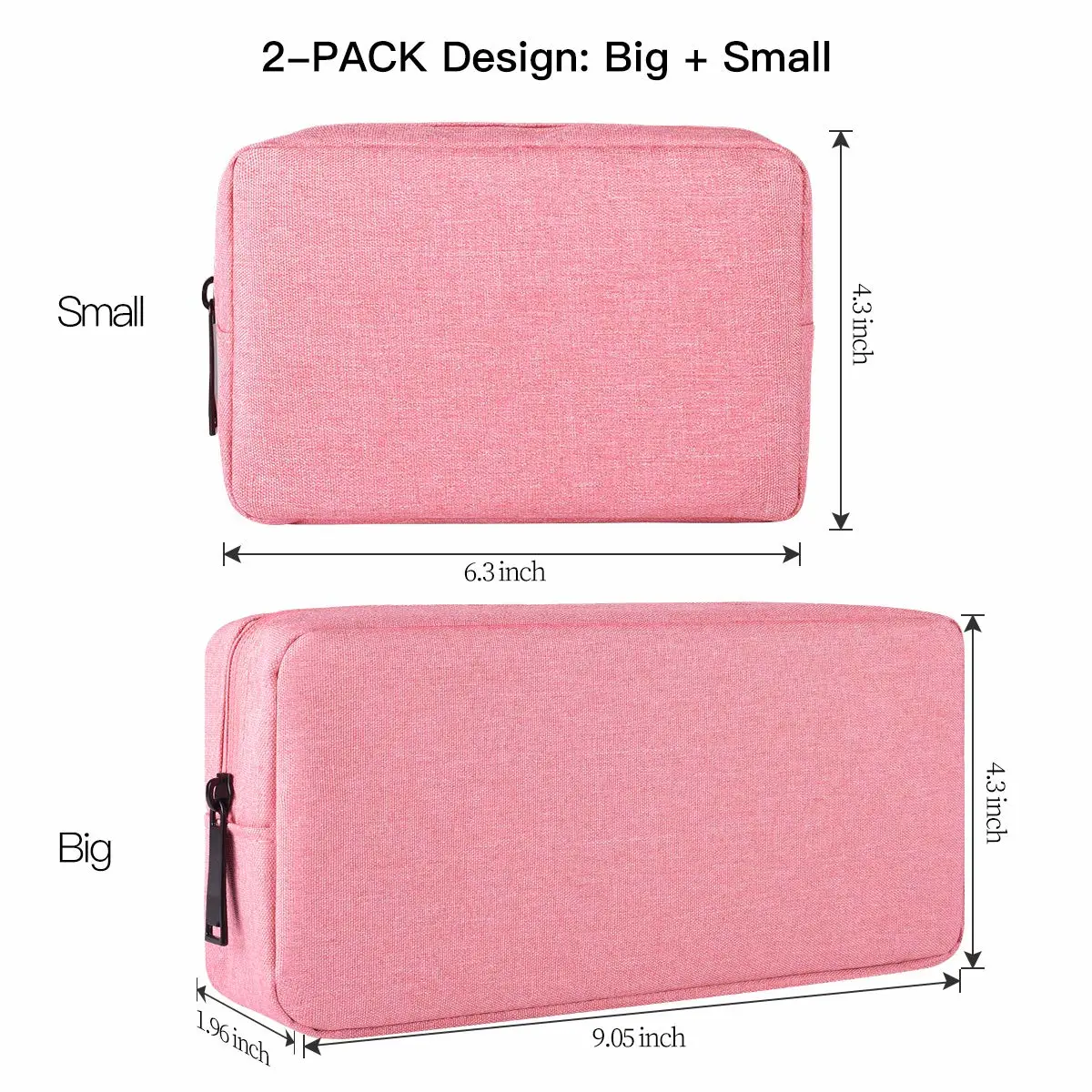 2-PACK Accessories Bag for Women Ladies Travel Organizer, Big+Small Portable Storage Bag Pouch Electronics Accessories Carrying Case Cosmetic Bag for Hard Drive, Mouse, Cable, Adapter, Cellphone, Pink