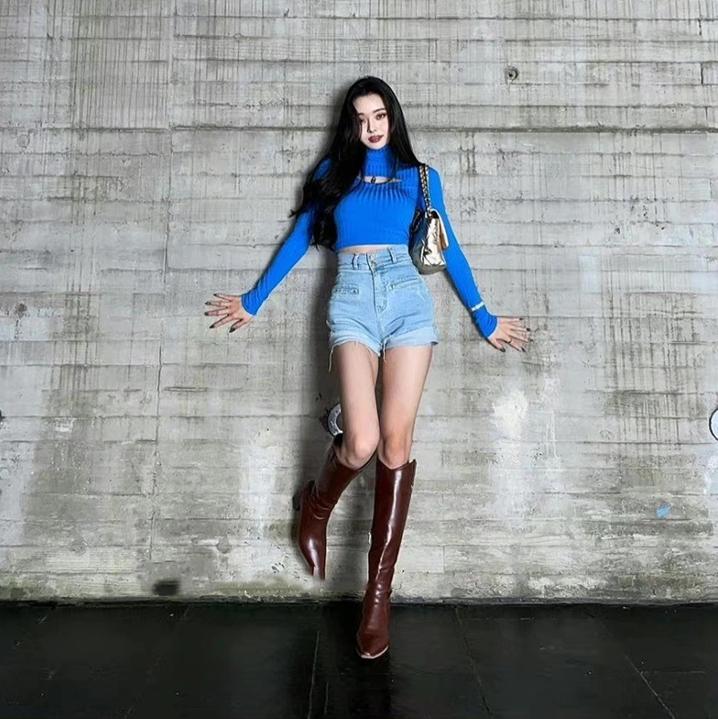 Blue Half-high Collar Bottom Knit Sweater Female