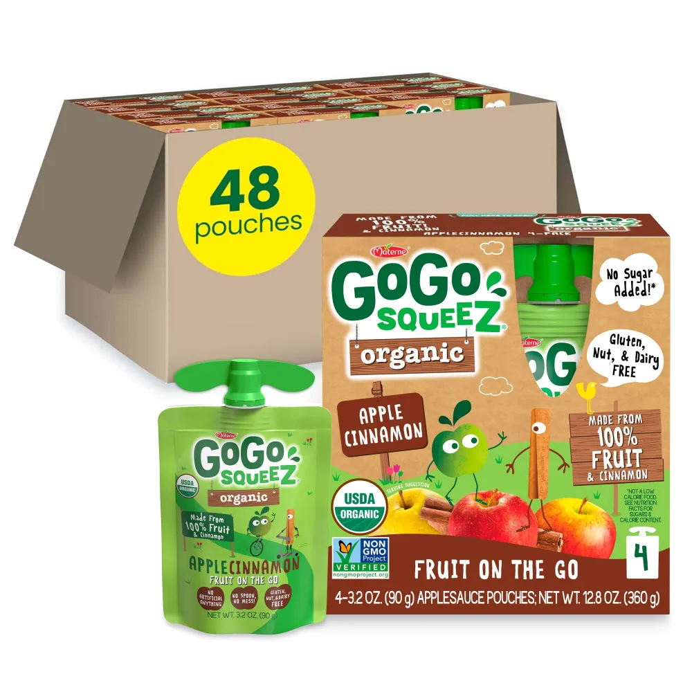 GoGo squeeZ Organic Applesauce and Fruit Puree, Apple Cinnamon, 3.2 oz (Pack of 48), Unsweetened Organic Fruit Snacks for Kids, Gluten Free, Nut Free and Dairy Free, Recloseable Cap, BPA Free Pouches